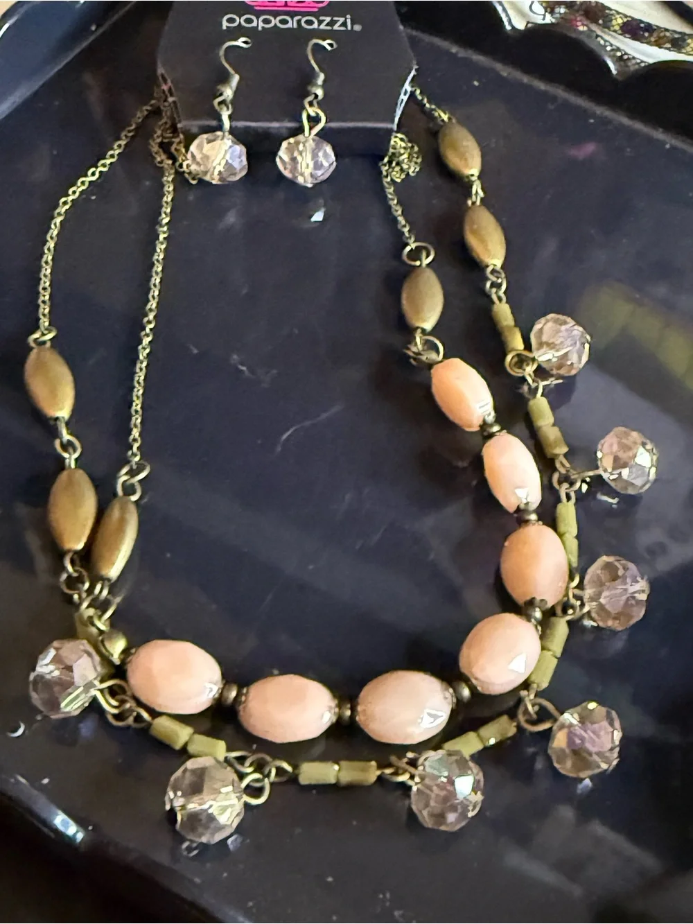 paparazzi Peachy Pink Faceted Bead Layered Necklace and Earrings HTF